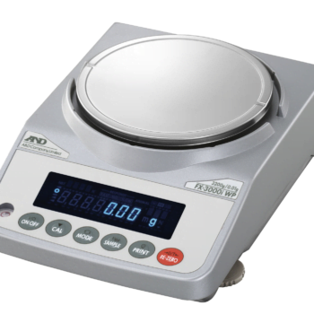 A And D FZ-3000i-WP-EC precision balance with digital display. Six raised buttons, from left to right, ON and OFF, Calibrate, Mode, Sample, Print, RE-Zero.