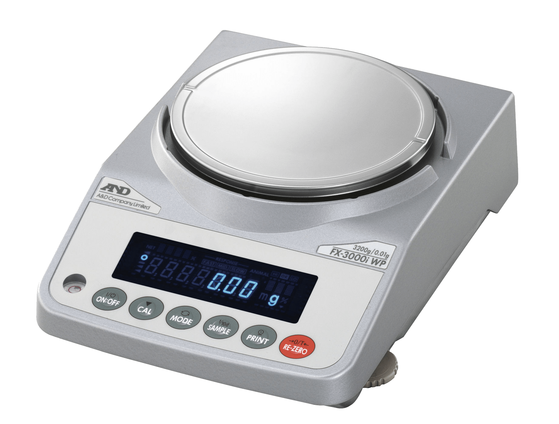A And D FZ-3000i-WP-EC precision balance with digital display. Six raised buttons, from left to right, ON and OFF, Calibrate, Mode, Sample, Print, RE-Zero.