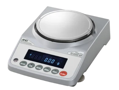 A And D FX-3000i-wp precision balance with digital display. Six raised buttons, from left to right, ON and OFF, Calibrate, Mode, Sample, Print, RE-Zero.