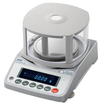 A and D fx-300i-wp precision balance with digital display and 5 raised buttons, left to right, reading: On/Off, Calibration, Mode, Sample, Print, RE-Zero