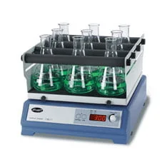 Stuart SSL1 Orbital Shaker with Conical Glasses on top in a rack