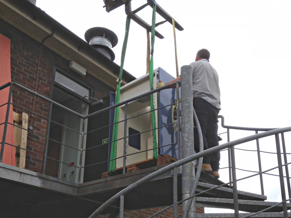 Fume cupboard removal with the help of cherry picker on lab clearance