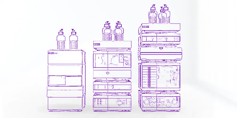 Purple line drawing of three HPLC systems