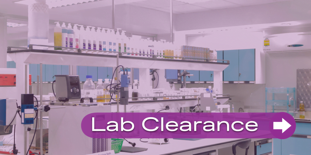 Title image reading Lab Clearance. Image of laboratory with purple overlay
