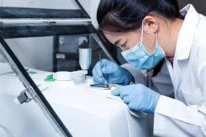 Scientist looking at sample on FTIR