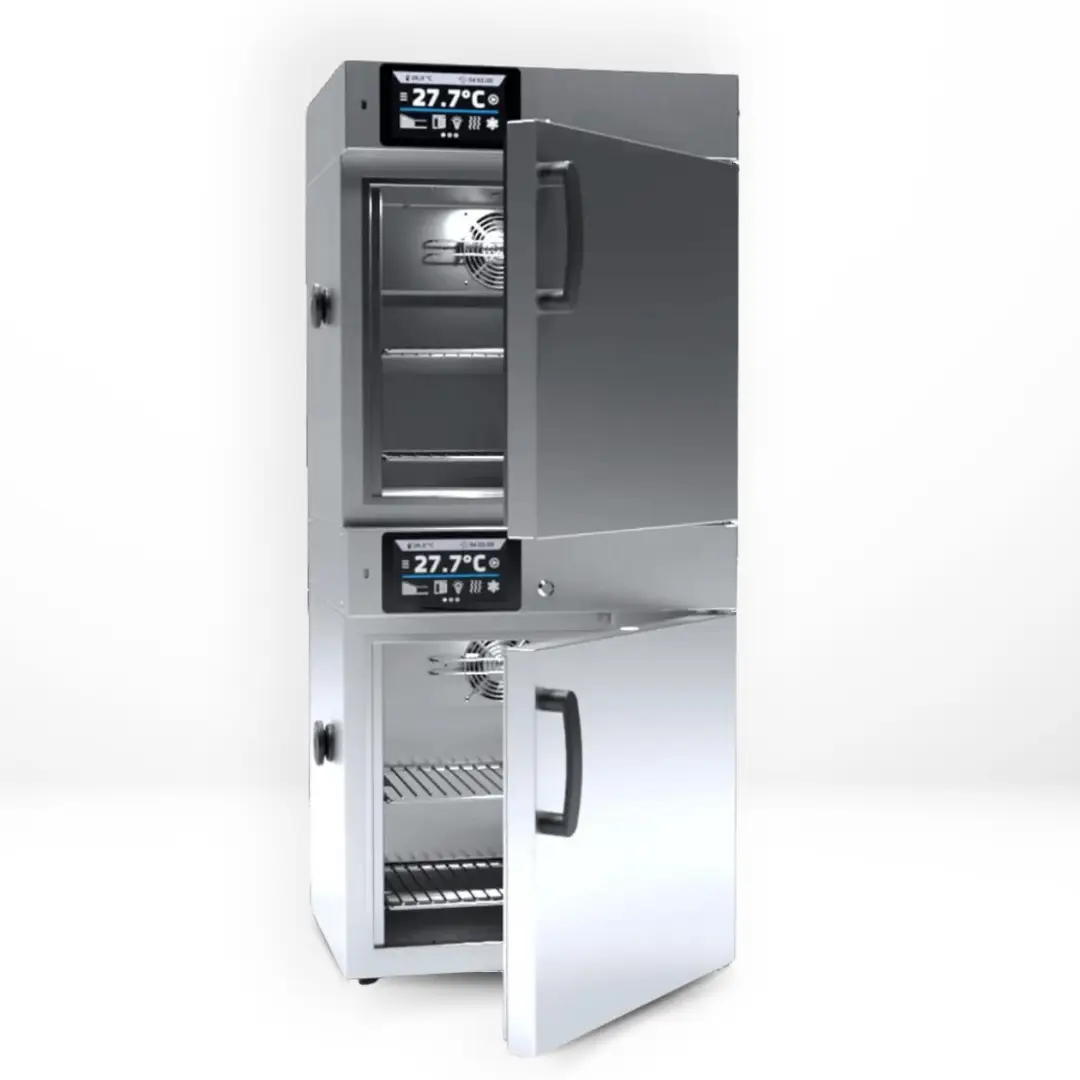 Dual chamber cooled incubators with doors open