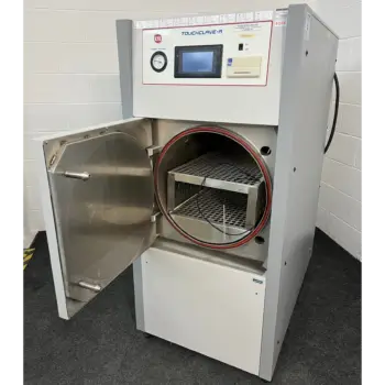 LTE Touchclave-R Autoclave with front door open and shelves in chamber