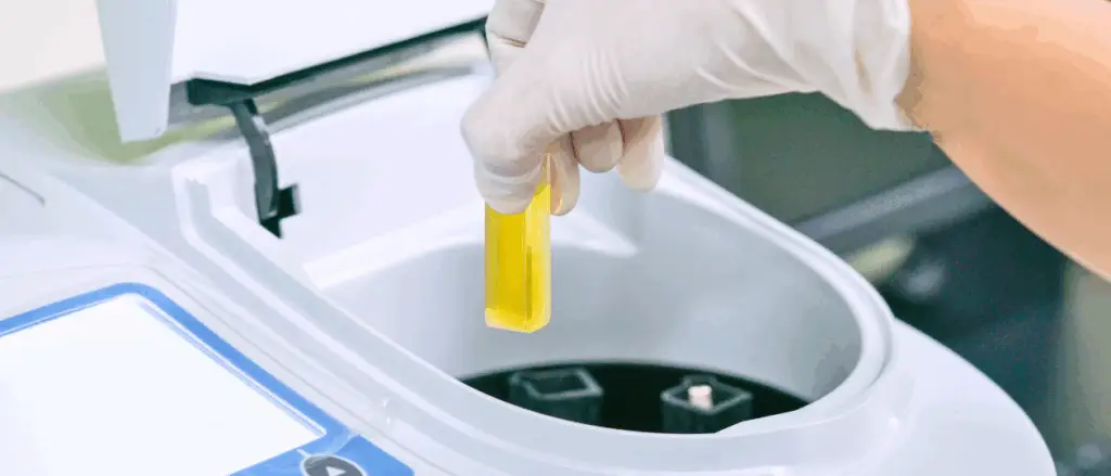 Scientist placing a yellow sample cuvette into a uv-vis spectrophotometer