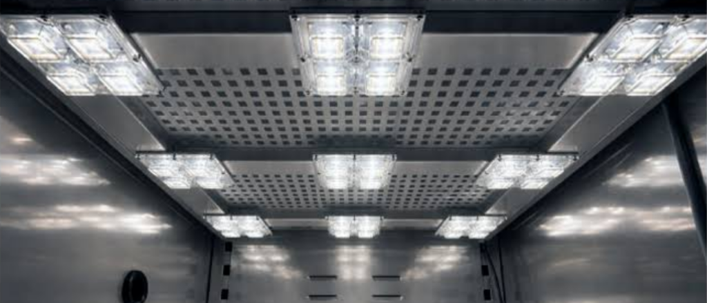 Close up view of lighting panel on underside of incubator shelf
