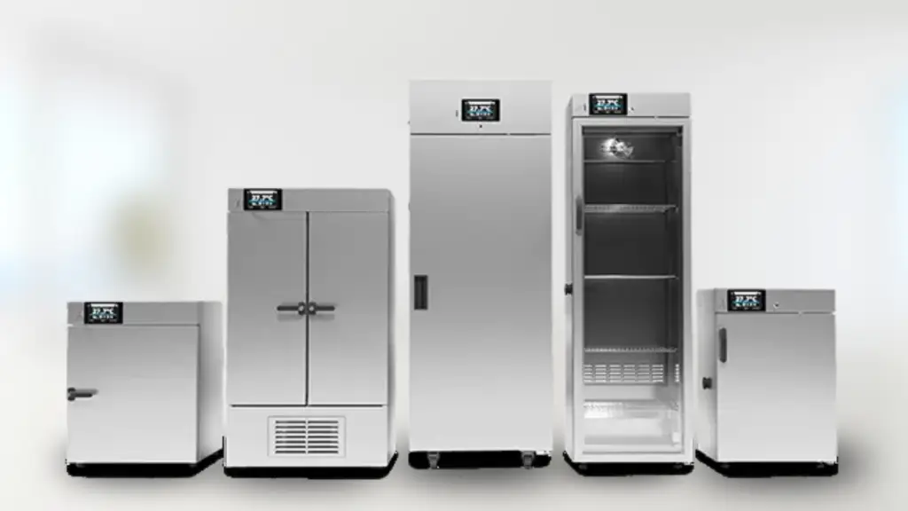 Five Pol-Eko incubators of various sizes and configurations compared side by side in a laboratory