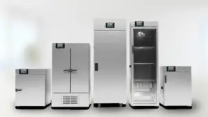 Five Pol-Eko incubators of various sizes and configurations compared side by side in a laboratory