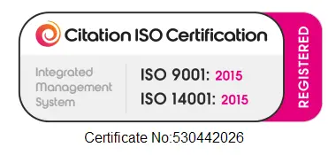 ISO 9001:2015 and ISO 14001:2015 registered with Citation ISO Certification, certificate number 530442026